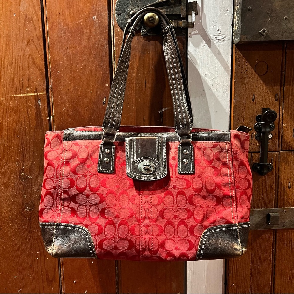 Coach Red and Brown Signature Tote